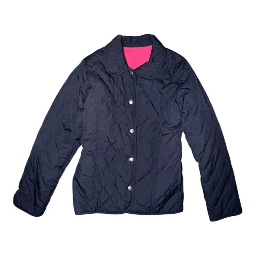 Lands End Girls Reversible Jacket Navy & Pink Quilted Fleece Medium 10/12 EUC